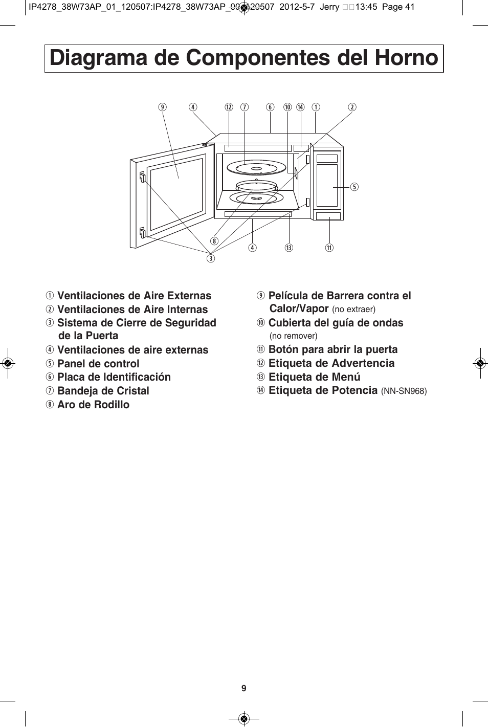 Diagrama de componentes del horno | Panasonic NN-SN942B User Manual | Page 41 / 60