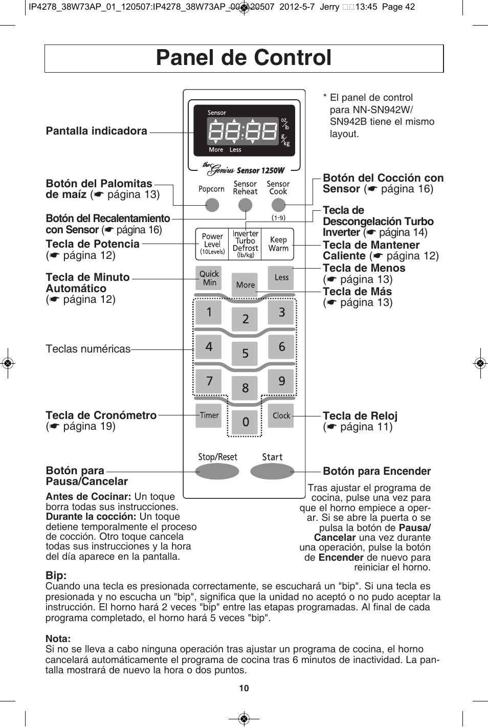 Panel de control | Panasonic NN-SN942B User Manual | Page 42 / 60