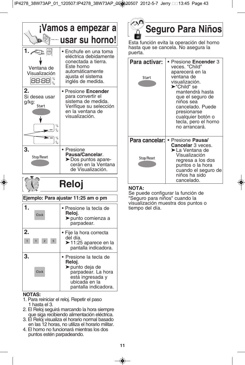 Reloj, Seguro para niños, Vamos a empezar a usar su horno | Panasonic NN-SN942B User Manual | Page 43 / 60
