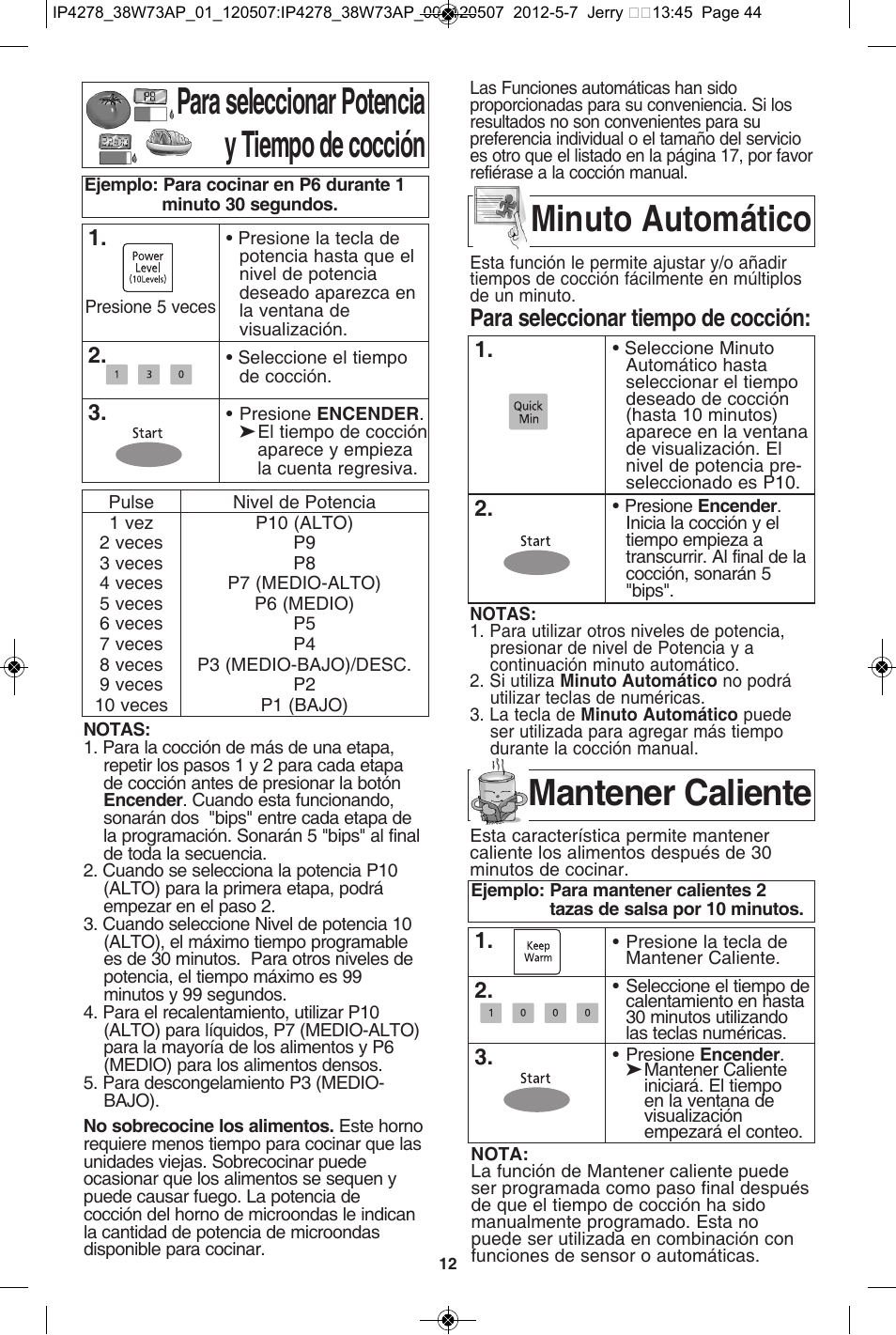 Para seleccionar potencia y tiempo de cocción, Minuto automático, Mantener caliente | Para seleccionar tiempo de cocción | Panasonic NN-SN942B User Manual | Page 44 / 60