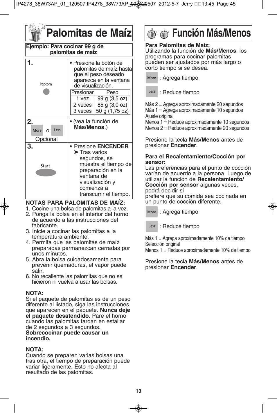 Palomitas de maíz, Función más/menos | Panasonic NN-SN942B User Manual | Page 45 / 60