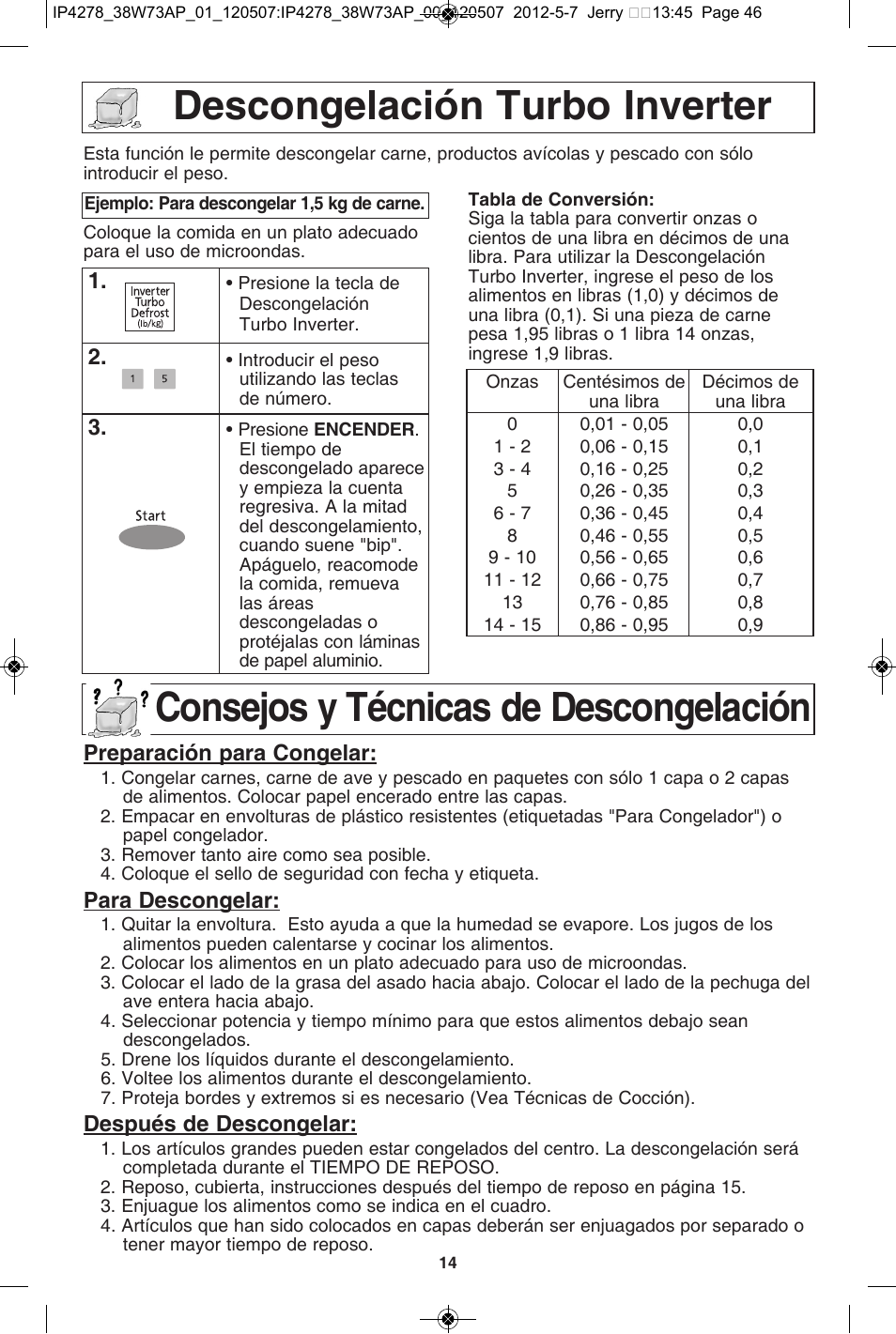 Descongelación turbo inverter, Consejos y técnicas de descongelación | Panasonic NN-SN942B User Manual | Page 46 / 60