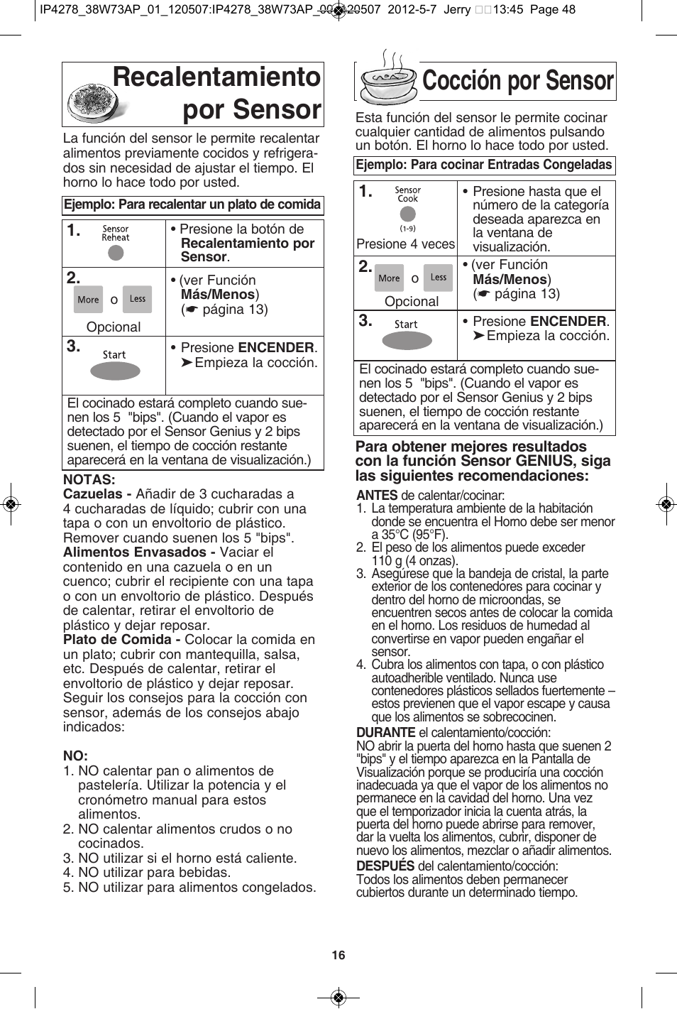 Recalentamiento por sensor cocción por sensor | Panasonic NN-SN942B User Manual | Page 48 / 60