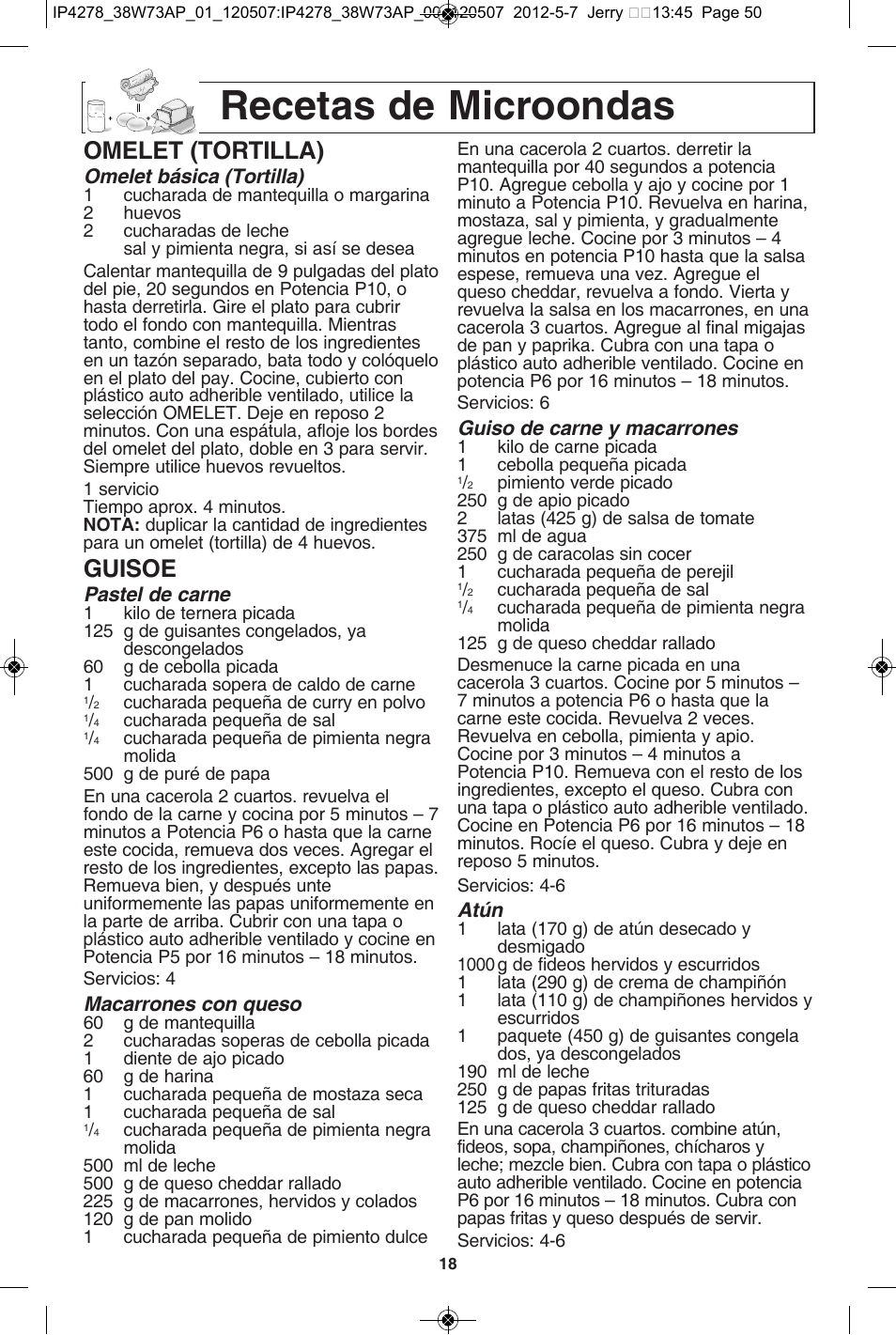 Recetas de microondas, Omelet (tortilla), Guisoe | Panasonic NN-SN942B User Manual | Page 50 / 60