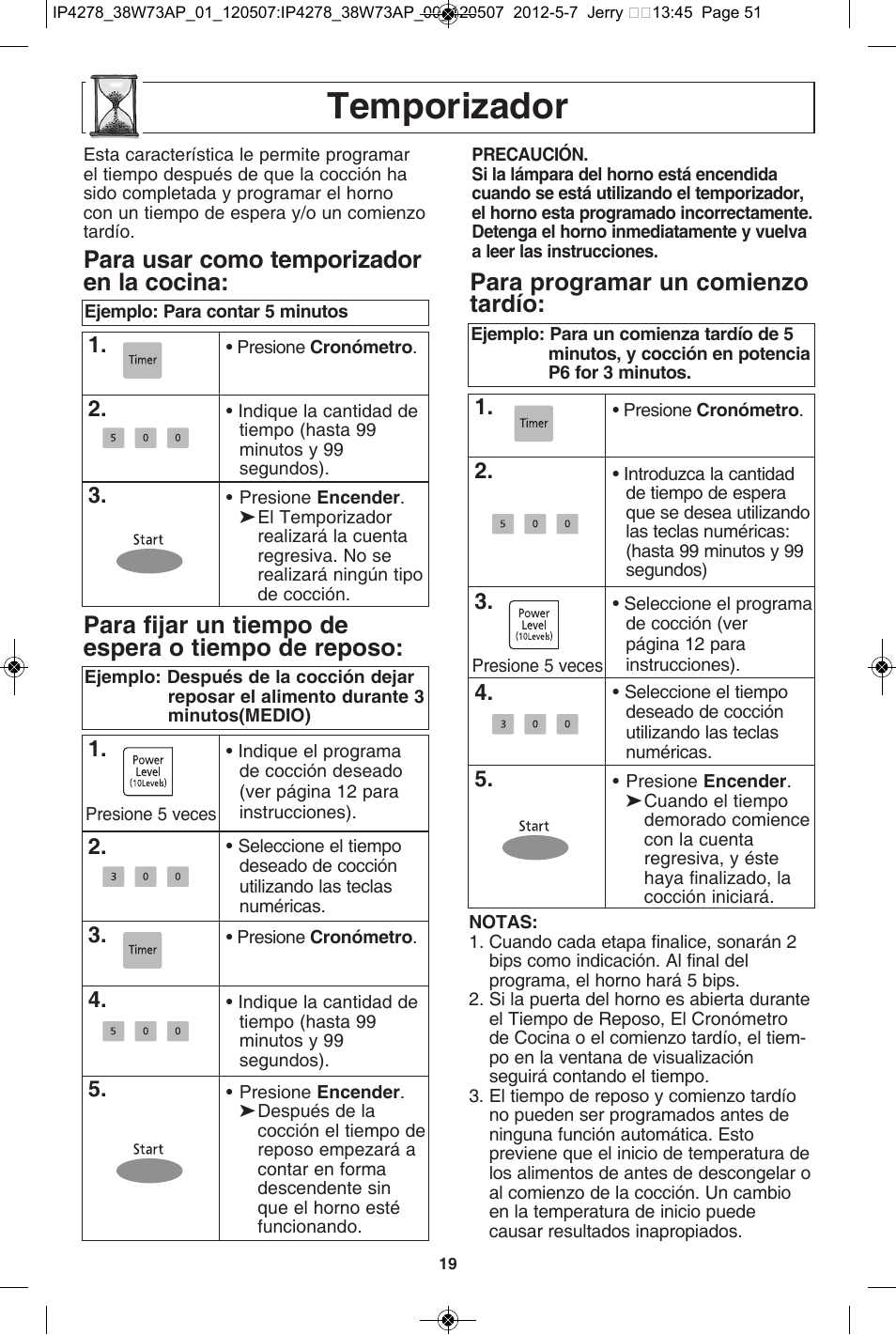 Temporizador, Para usar como temporizador en la cocina, Para fijar un tiempo de espera o tiempo de reposo | Para programar un comienzo tardío | Panasonic NN-SN942B User Manual | Page 51 / 60