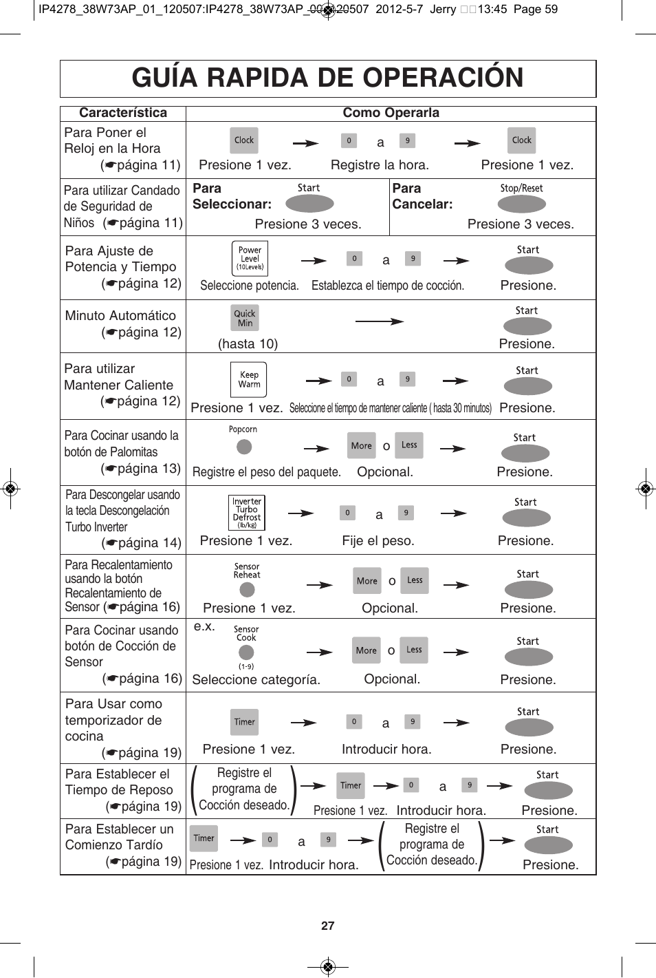 Guía rapida de operación | Panasonic NN-SN942B User Manual | Page 59 / 60