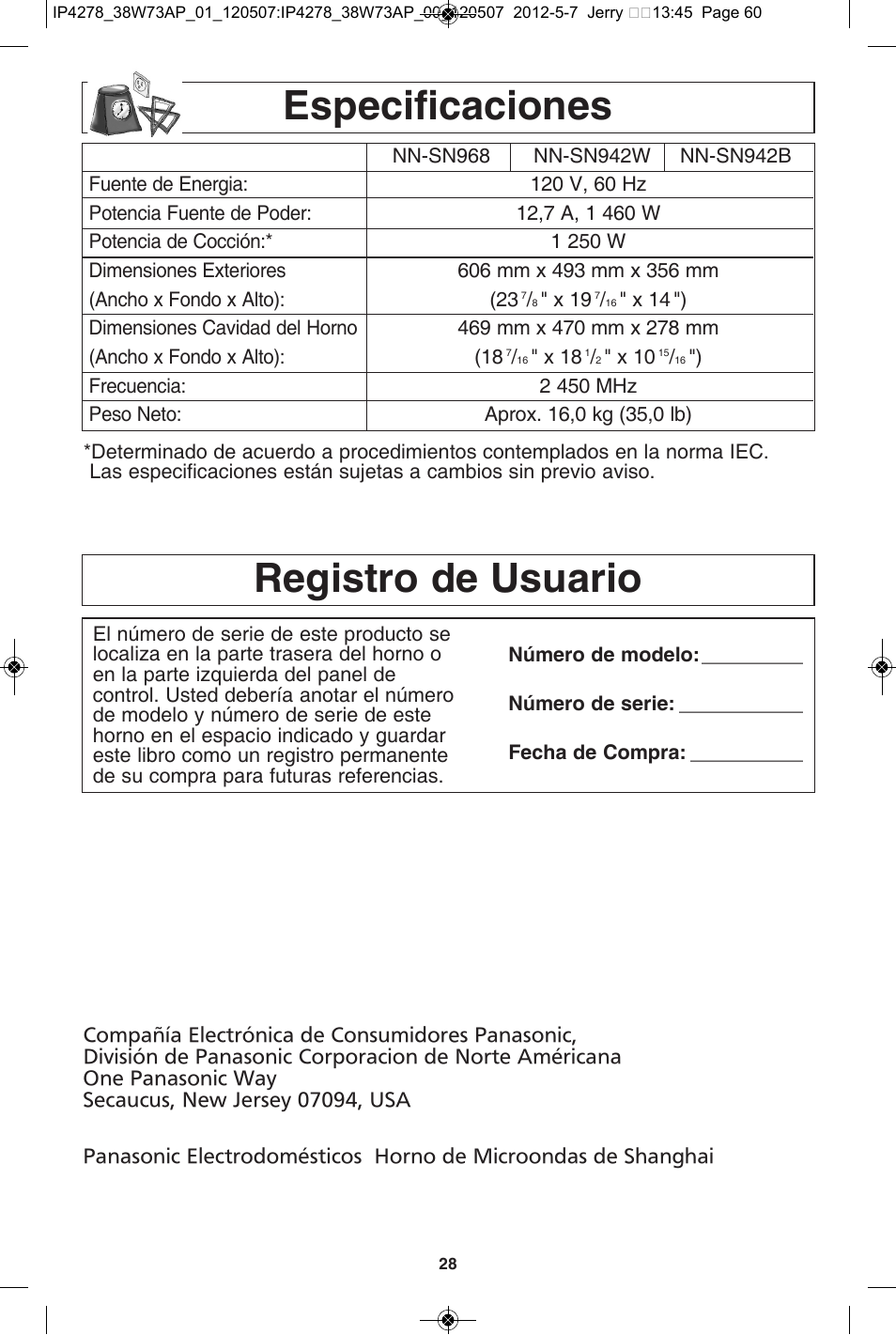 Registro de usuario, Especificaciones | Panasonic NN-SN942B User Manual | Page 60 / 60
