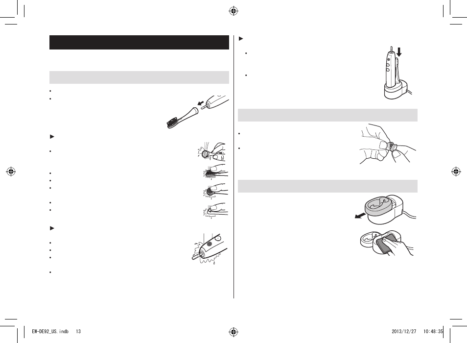 How to clean, Cleaning the main unit and the brush head, If the identification ring comes off | Cleaning the charger | Panasonic EW-DE92-S User Manual | Page 13 / 20
