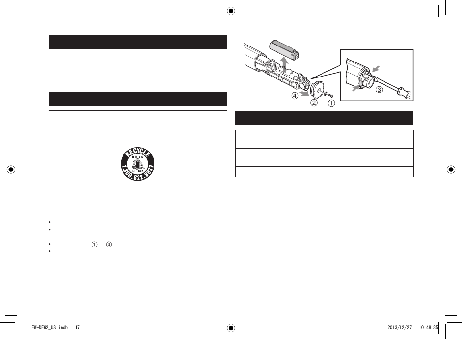 Battery life, Removing the built-in rechargeable battery, Specifications | Panasonic EW-DE92-S User Manual | Page 17 / 20