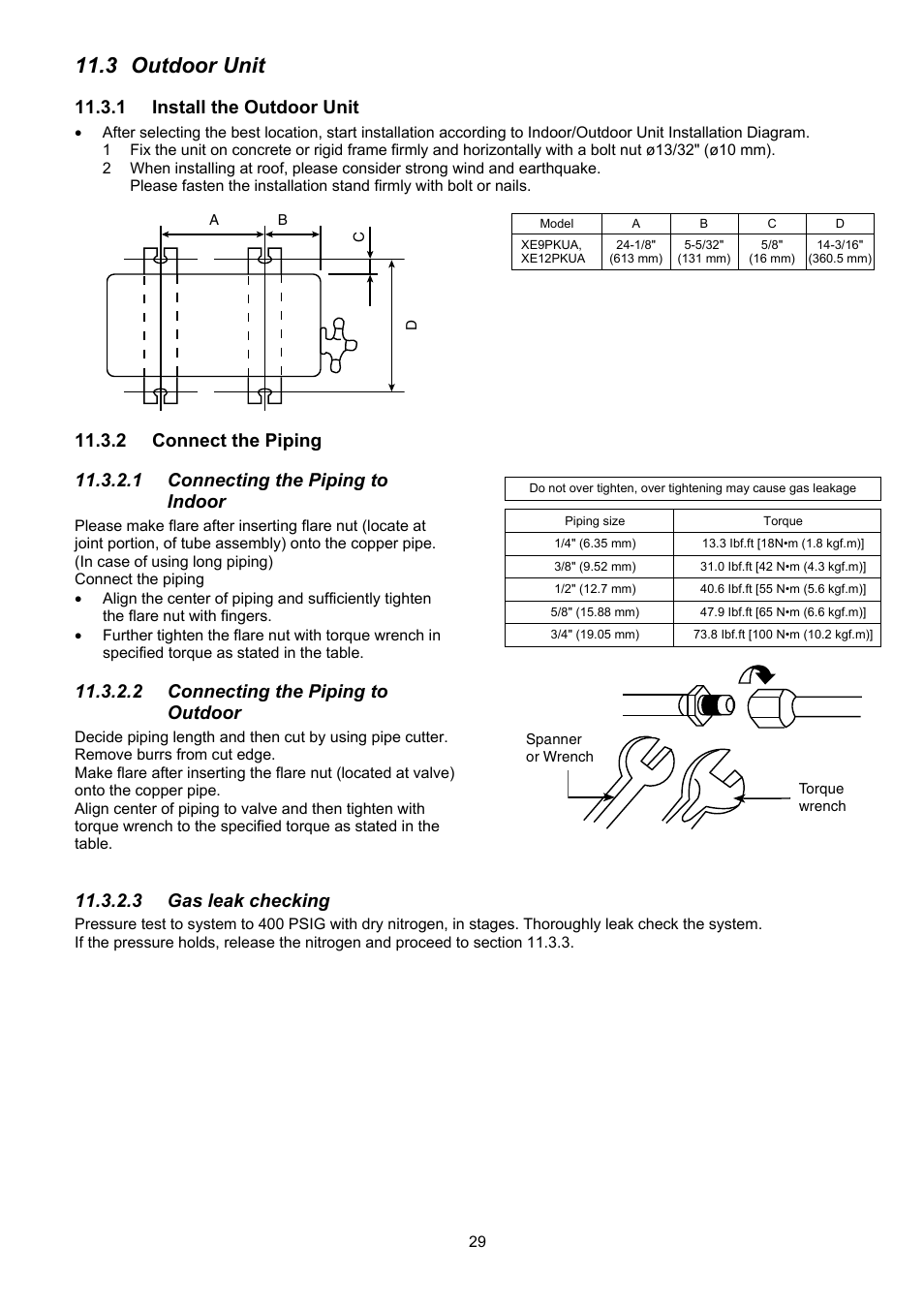 3 outdoor unit, 1 install the outdoor unit, 2 connecting the piping to outdoor | 3 gas leak checking | Panasonic CS-XE9PKUA User Manual | Page 29 / 102