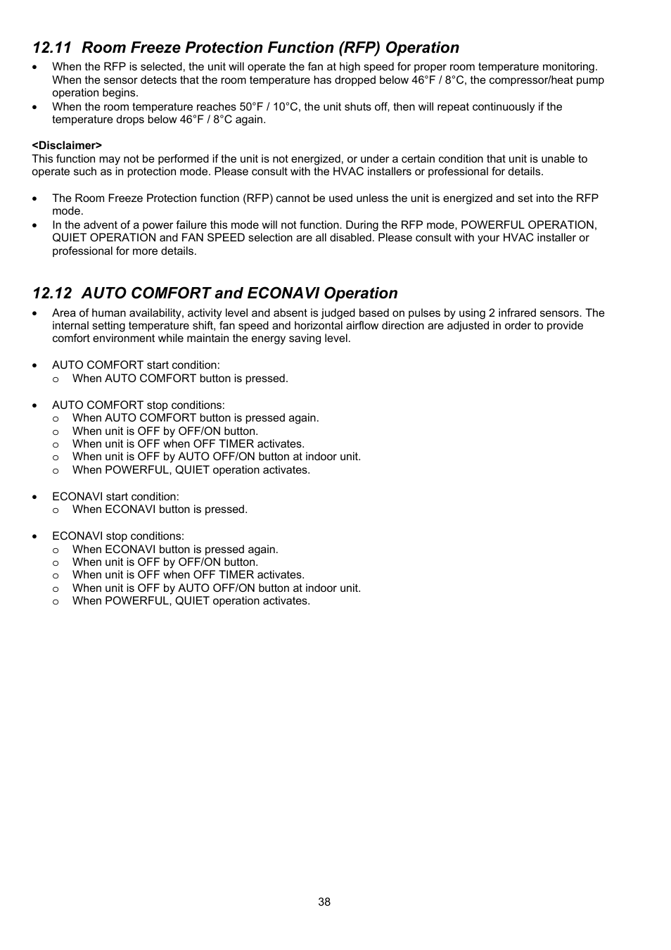 11 room freeze protection function (rfp) operation, 12 auto comfort and econavi operation | Panasonic CS-XE9PKUA User Manual | Page 38 / 102