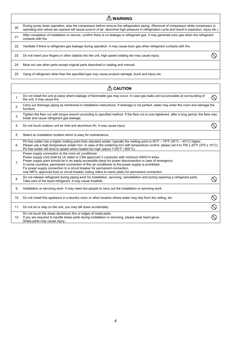 4warning, Caution | Panasonic CS-XE9PKUA User Manual | Page 4 / 102