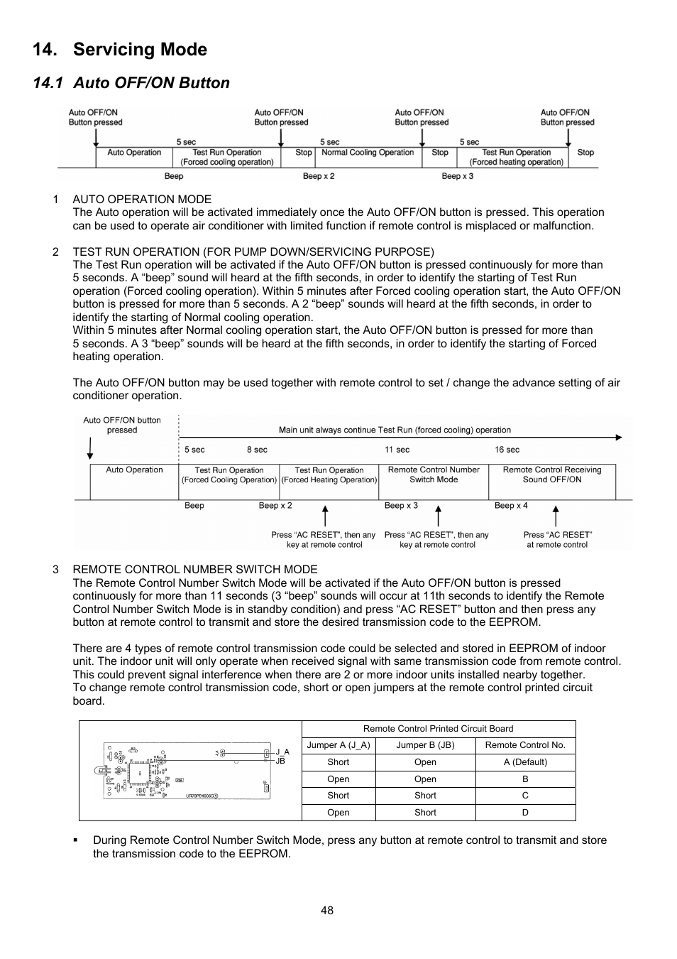 Servicing mode, 1 auto off/on button | Panasonic CS-XE9PKUA User Manual | Page 48 / 102