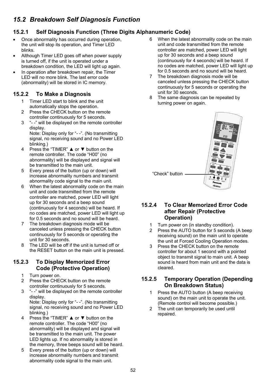 2 breakdown self diagnosis function | Panasonic CS-XE9PKUA User Manual | Page 52 / 102