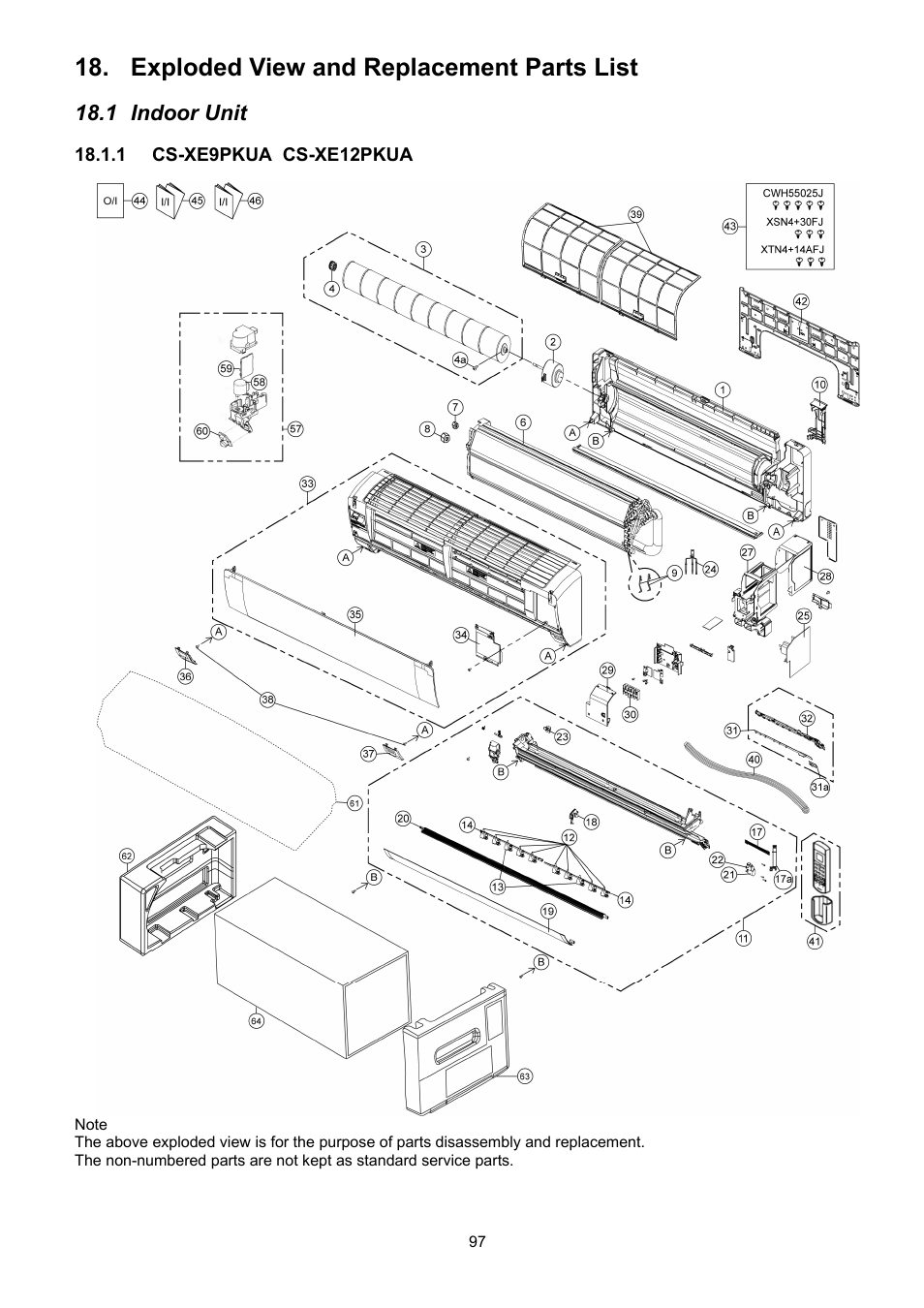 Exploded view and replacement parts list, 1 indoor unit | Panasonic CS-XE9PKUA User Manual | Page 97 / 102