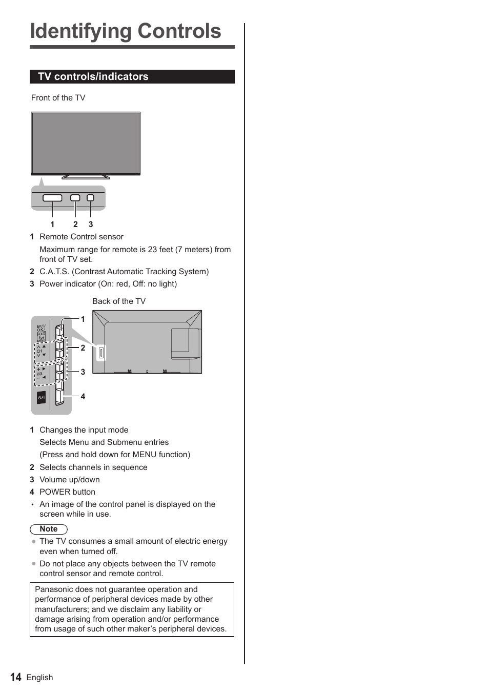 Identifying controls, Tv controls/indicators | Panasonic TC-50AS650UE User Manual | Page 15 / 28