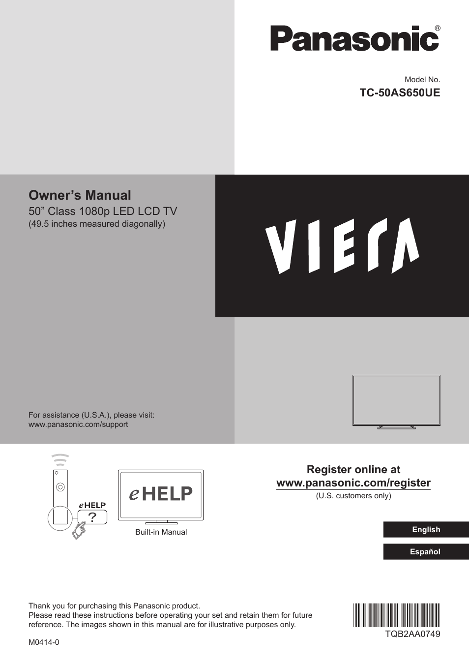 Owner’s manual | Panasonic TC-50AS650UE User Manual | Page 2 / 28