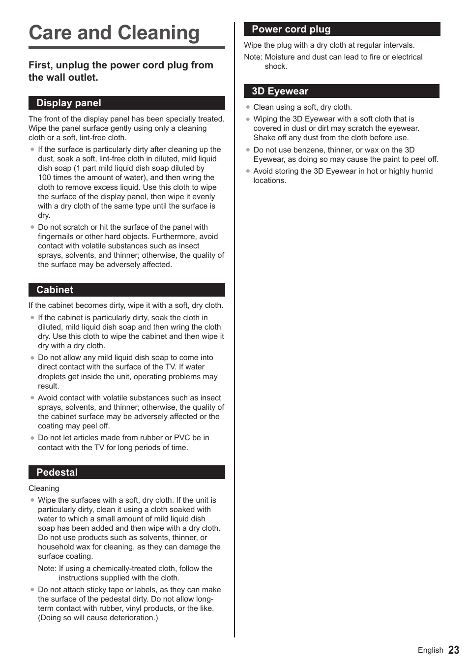 Care and cleaning | Panasonic TC-50AS650UE User Manual | Page 24 / 28