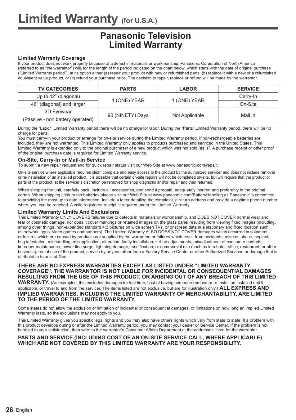 Limited warranty, Panasonic television limited warranty, For u.s.a.) | Panasonic TC-50AS650UE User Manual | Page 27 / 28