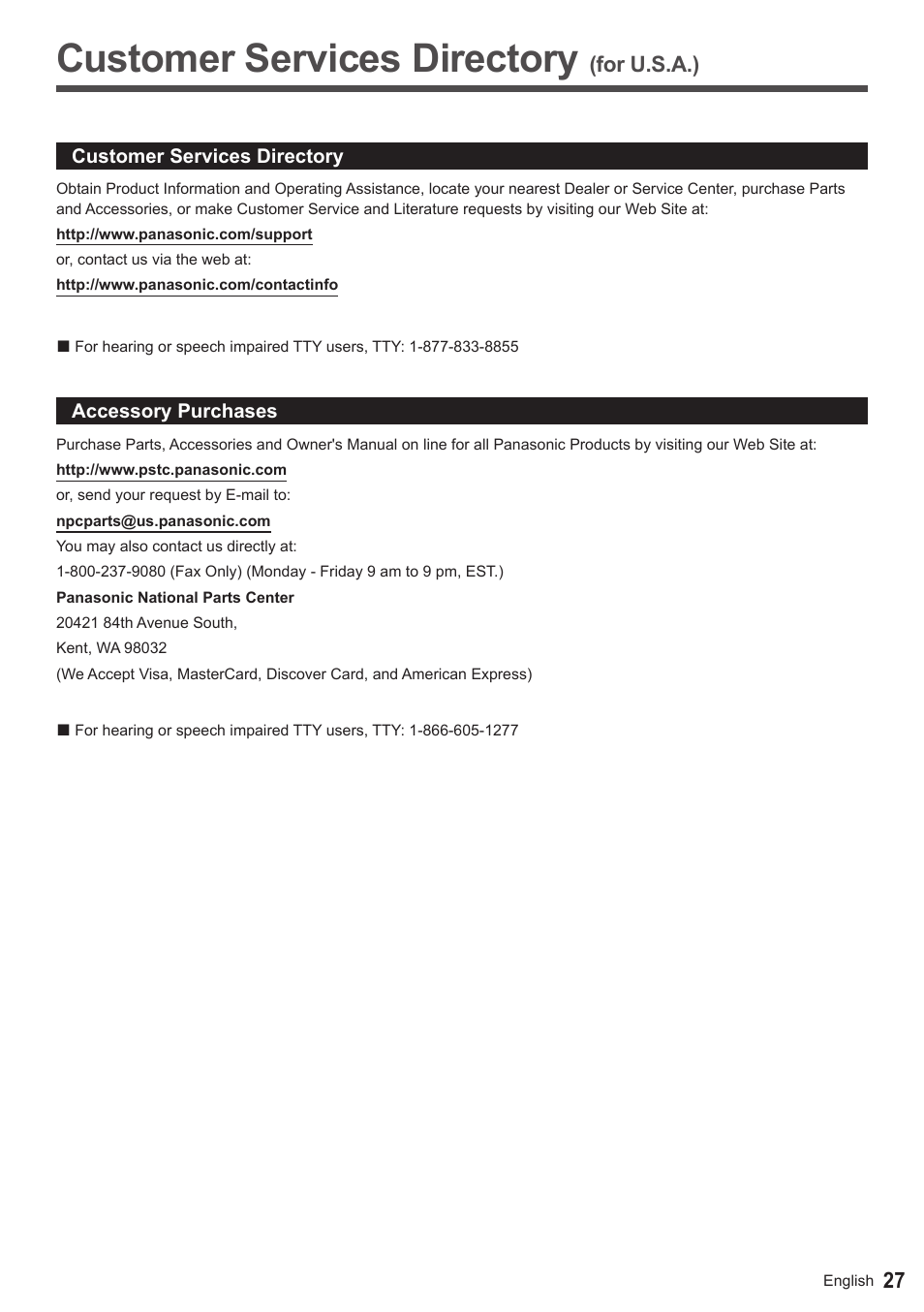 Customer services directory | Panasonic TC-50AS650UE User Manual | Page 28 / 28