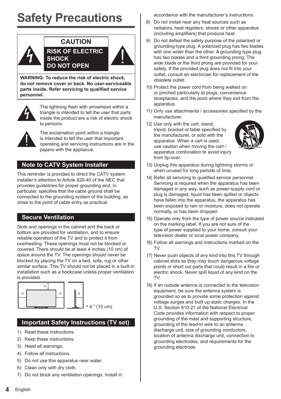 Safety precautions, Caution, Risk of electric shock do not open | Secure ventilation, Important safety instructions (tv set) | Panasonic TC-50AS650UE User Manual | Page 5 / 28