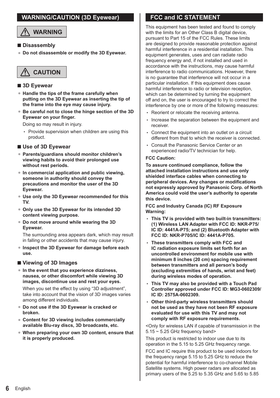 Fcc and ic statement, Warning/caution (3d eyewear), Warning | Caution | Panasonic TC-50AS650UE User Manual | Page 7 / 28