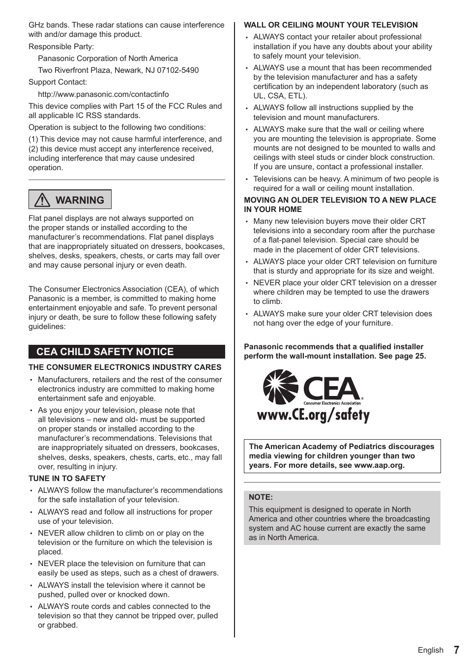 Warning, Cea child safety notice | Panasonic TC-50AS650UE User Manual | Page 8 / 28