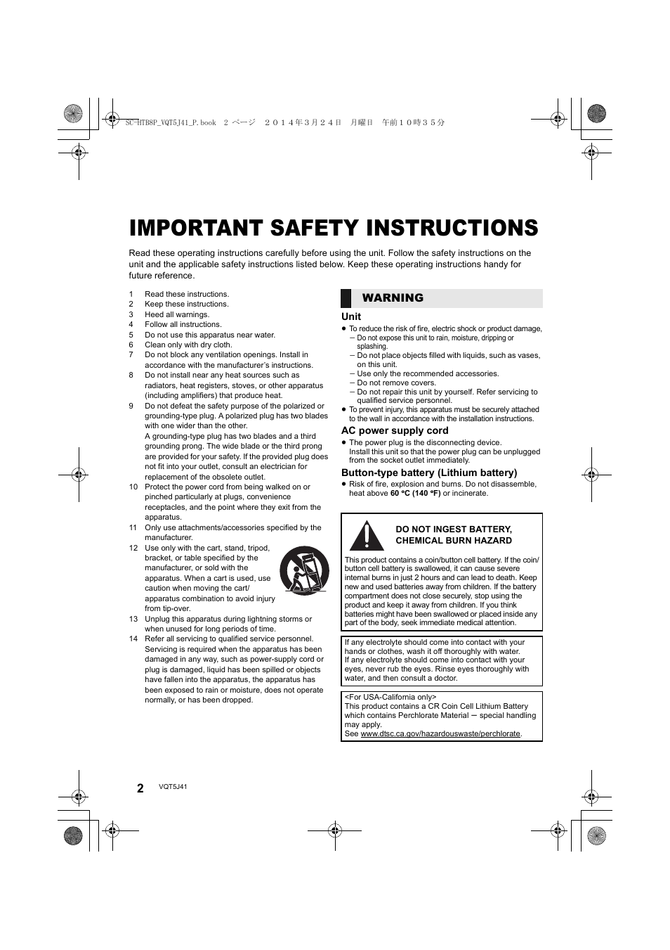 Important safety instructions, Warning | Panasonic SC-HTB8 User Manual | Page 2 / 24