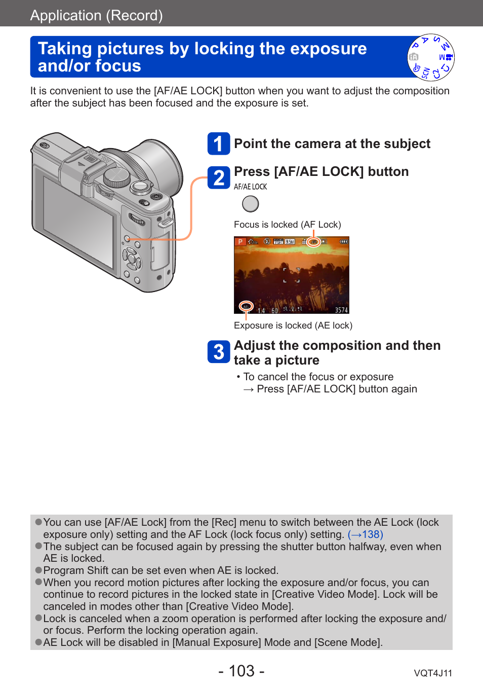 Taking pictures by locking the, Exposure and/or focus | Panasonic DMC-LX7K User Manual | Page 103 / 226