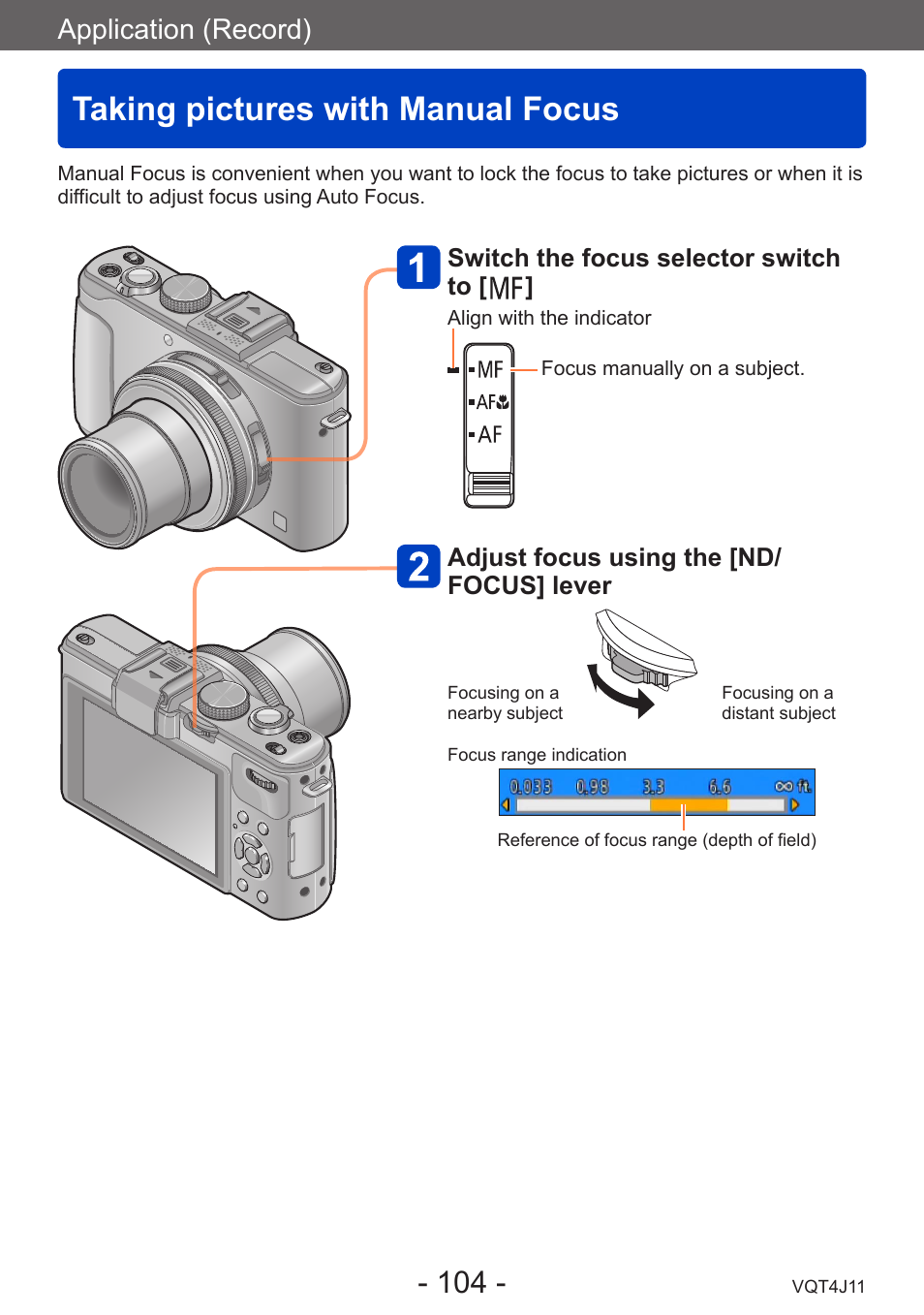 Taking pictures with manual focus, Application (record) | Panasonic DMC-LX7K User Manual | Page 104 / 226