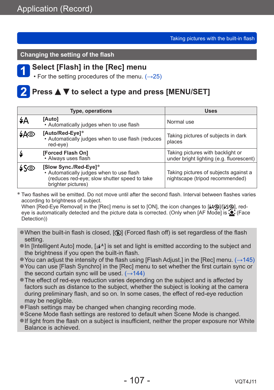 Changing the setting of the flash, Application (record), Select [flash] in the [rec] menu | Press to select a type and press [menu/set | Panasonic DMC-LX7K User Manual | Page 107 / 226