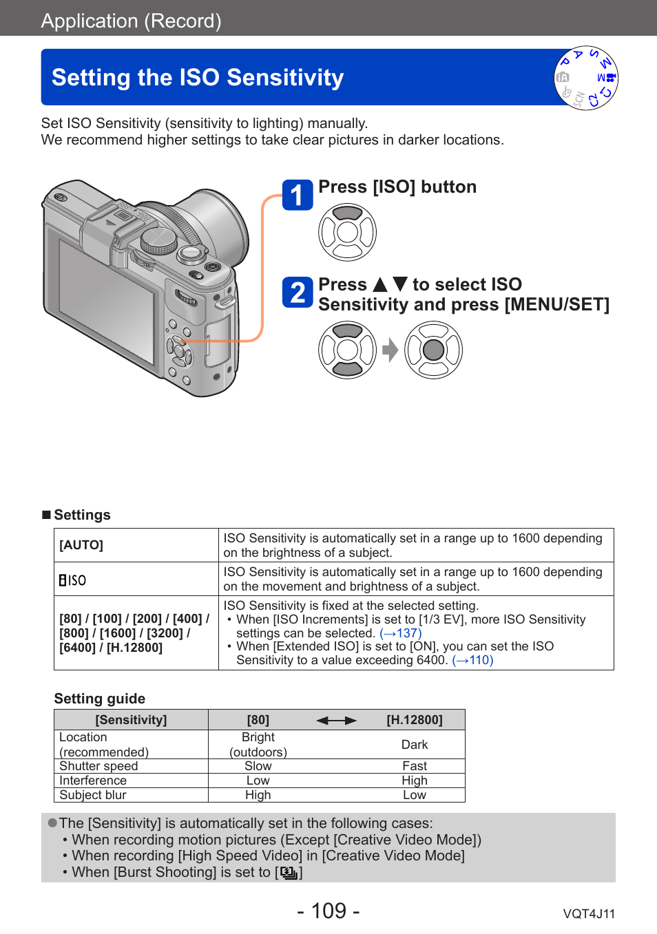 Setting the iso sensitivity, Application (record) | Panasonic DMC-LX7K User Manual | Page 109 / 226