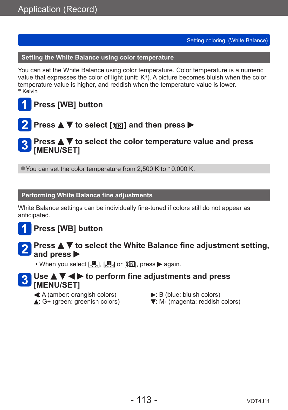 Setting the white balance using color temperature, Performing white balance fine adjustments, Setting the white balance using color | Temperature, Performing white balance fine, Adjustments, Application (record) | Panasonic DMC-LX7K User Manual | Page 113 / 226