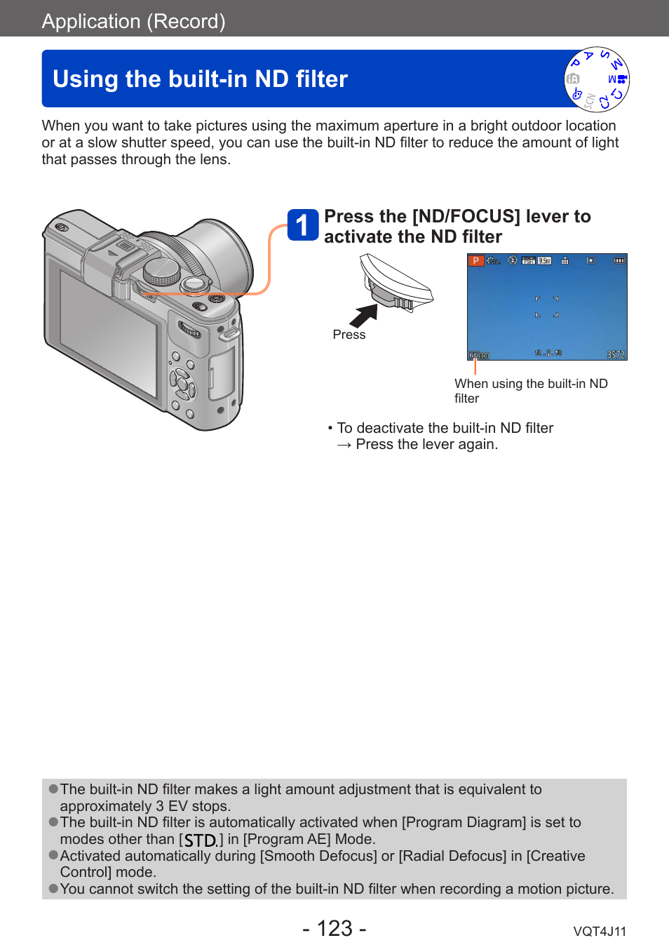 Using the built-in nd filter, Application (record) | Panasonic DMC-LX7K User Manual | Page 123 / 226
