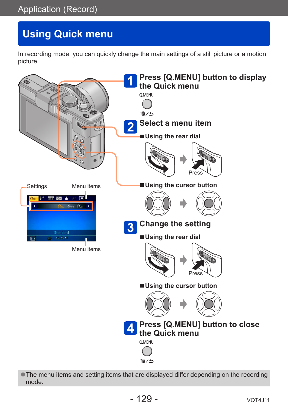 Using quick menu, Application (record) | Panasonic DMC-LX7K User Manual | Page 129 / 226