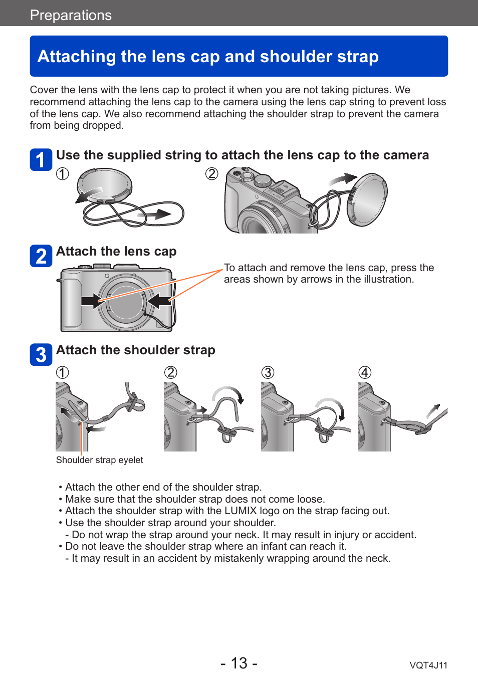 Attaching the lens cap and shoulder strap, Attaching the lens cap and, Shoulder strap | Preparations | Panasonic DMC-LX7K User Manual | Page 13 / 226