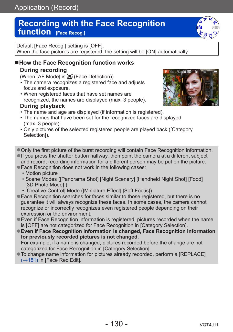 Recording with the face recognition, Function [face recog, Recording with the face recognition function | Application (record) | Panasonic DMC-LX7K User Manual | Page 130 / 226