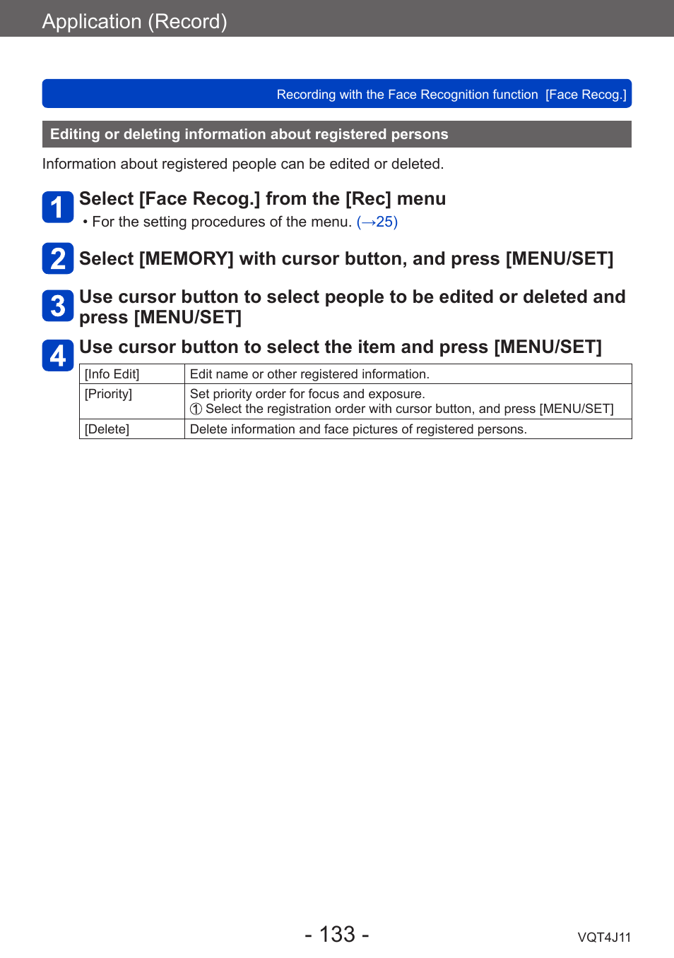 Editing or deleting information about, Registered persons, Application (record) | Select [face recog.] from the [rec] menu | Panasonic DMC-LX7K User Manual | Page 133 / 226