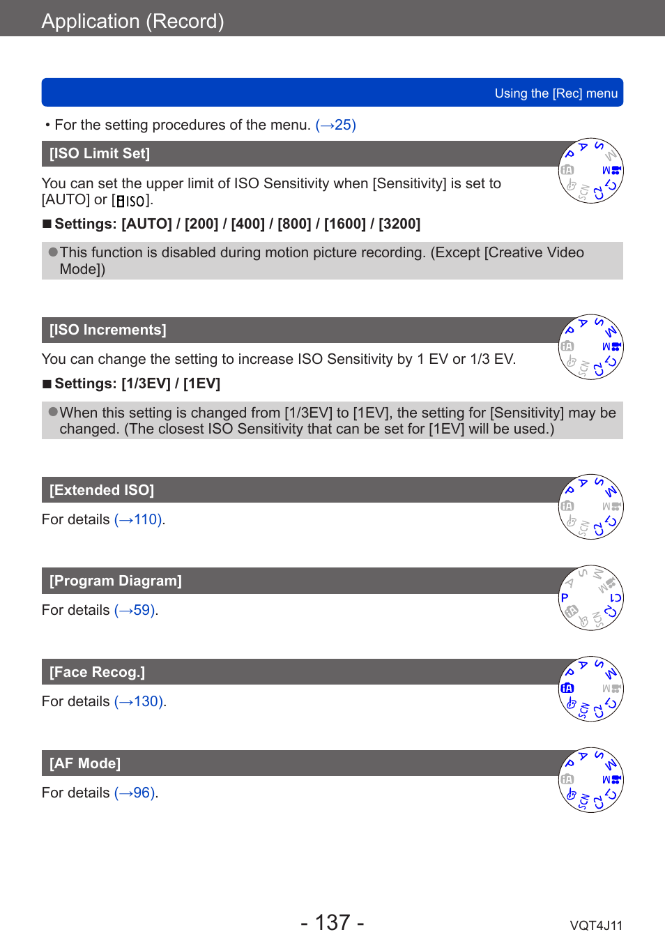 Iso limit set, Iso increments, Extended iso | Program diagram, Face recog, Af mode, Application (record) | Panasonic DMC-LX7K User Manual | Page 137 / 226