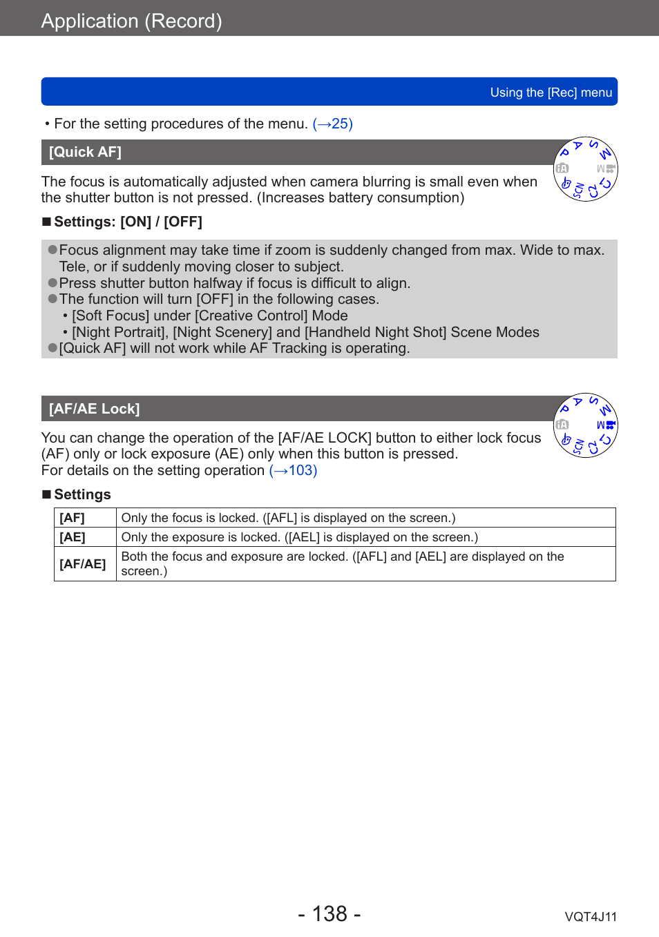 Quick af, Af/ae lock, Application (record) | Panasonic DMC-LX7K User Manual | Page 138 / 226