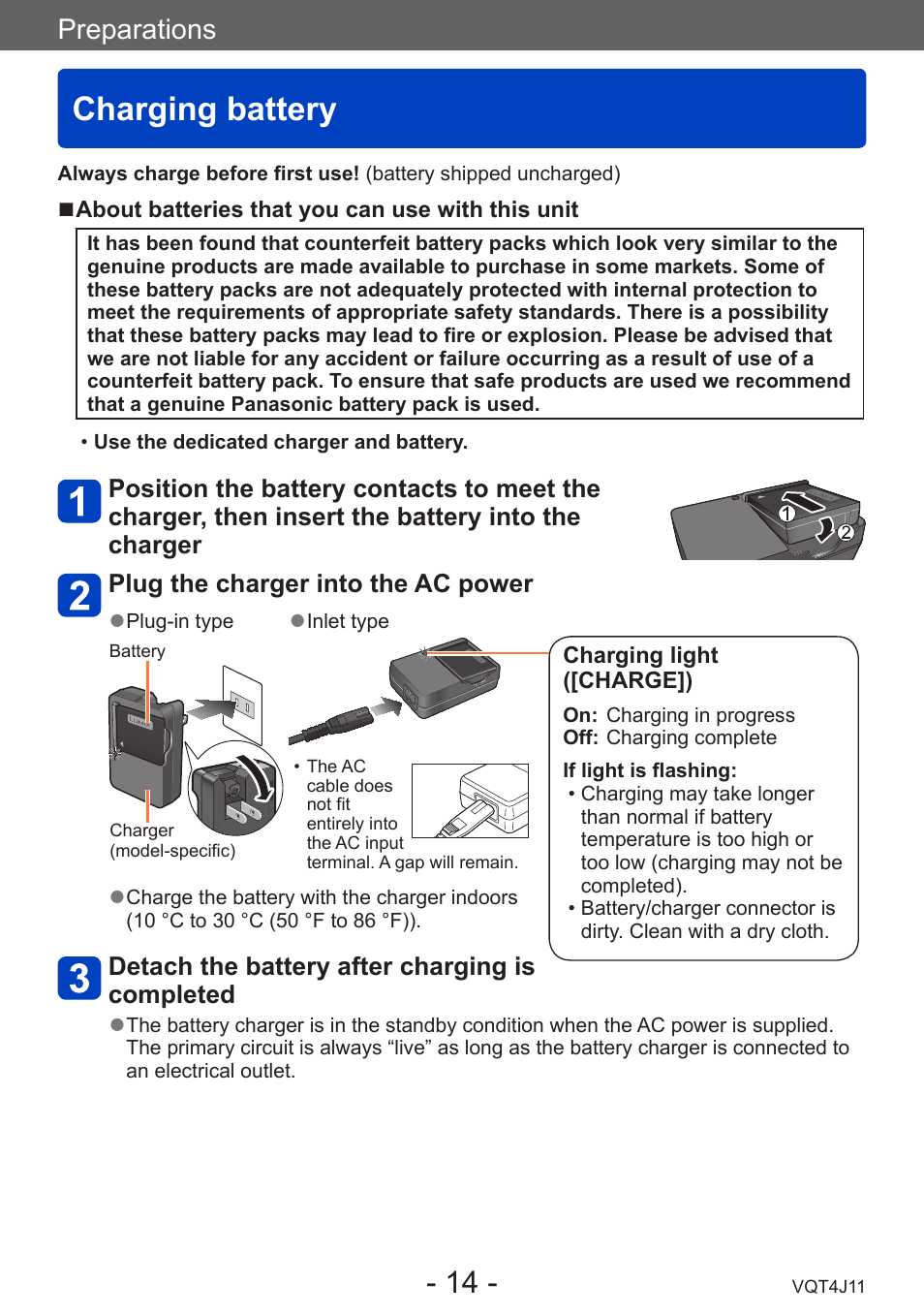 Charging battery, Preparations | Panasonic DMC-LX7K User Manual | Page 14 / 226