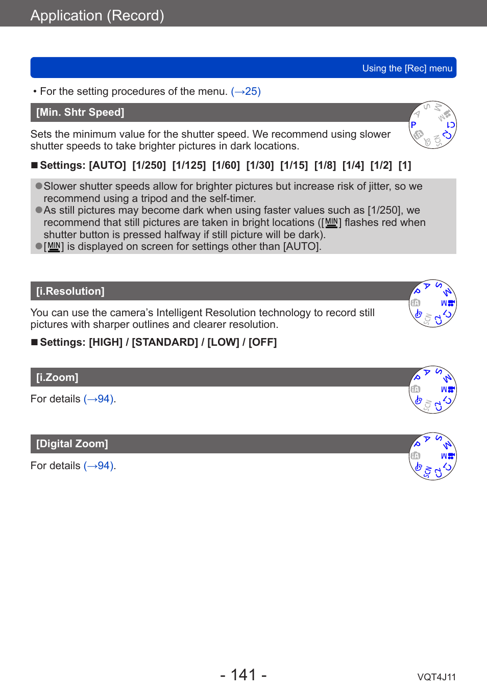 Min. shtr speed, I.resolution, I.zoom | Digital zoom, Application (record) | Panasonic DMC-LX7K User Manual | Page 141 / 226