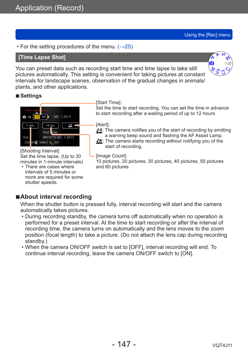 Time lapse shot, Application (record) | Panasonic DMC-LX7K User Manual | Page 147 / 226