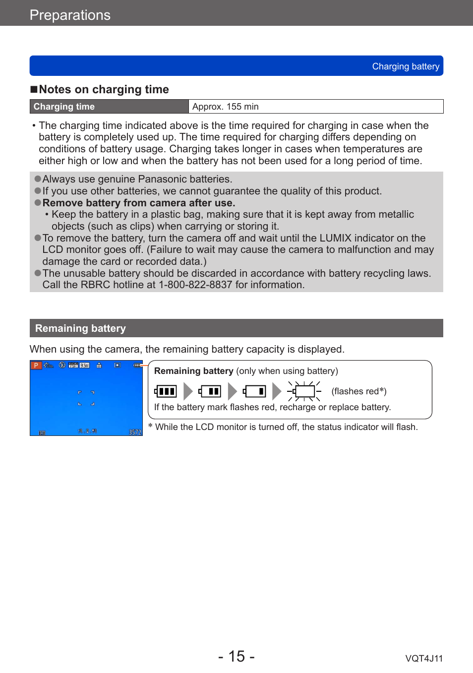 Remaining battery, Preparations | Panasonic DMC-LX7K User Manual | Page 15 / 226