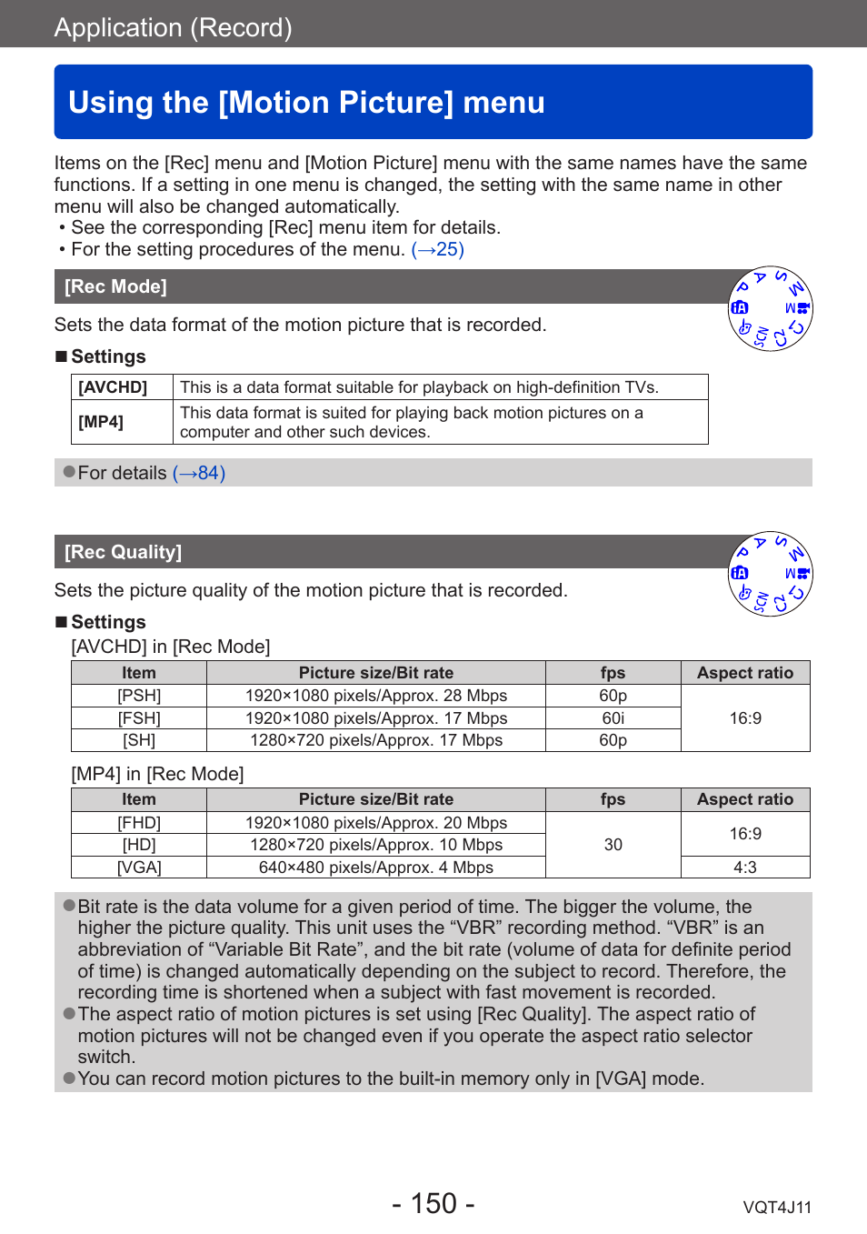 Using the [motion picture] menu, Rec mode, Rec quality | Application (record) | Panasonic DMC-LX7K User Manual | Page 150 / 226