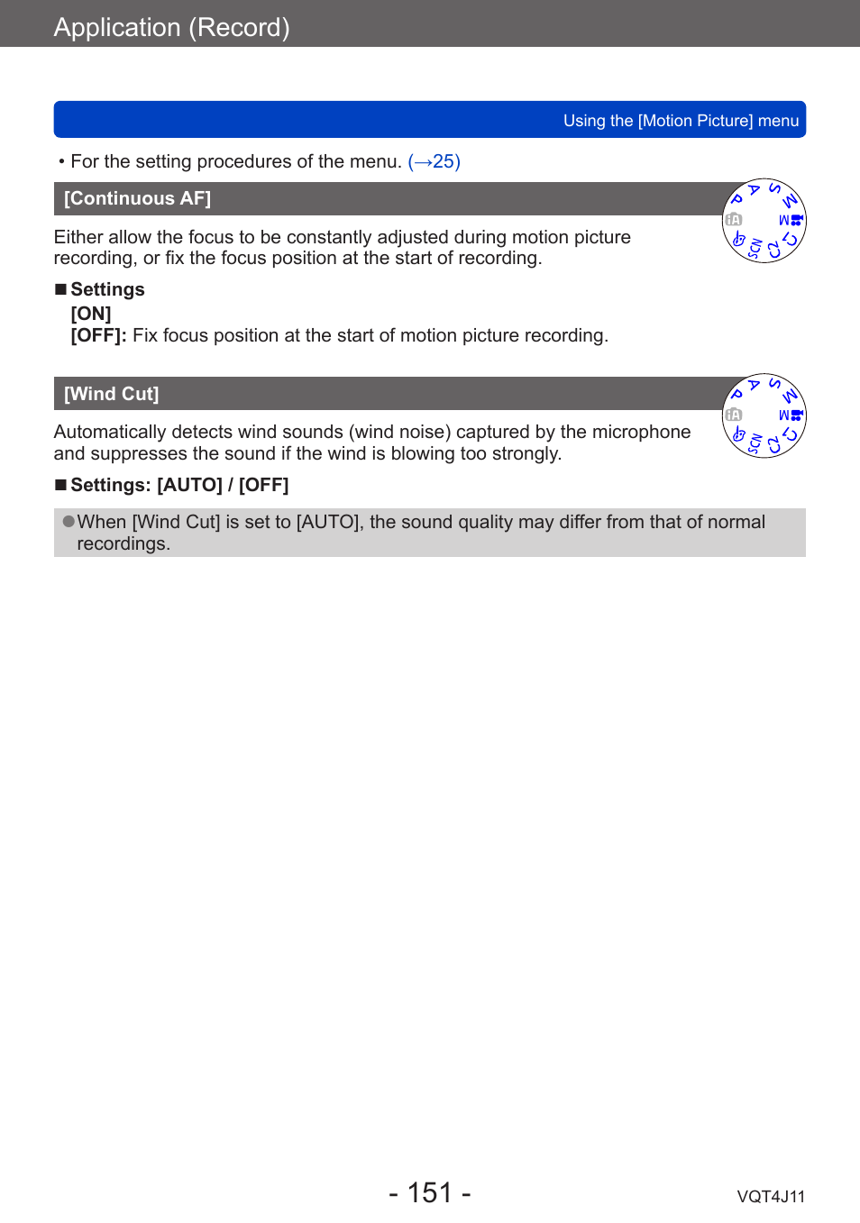 Continuous af, Wind cut, Application (record) | Panasonic DMC-LX7K User Manual | Page 151 / 226