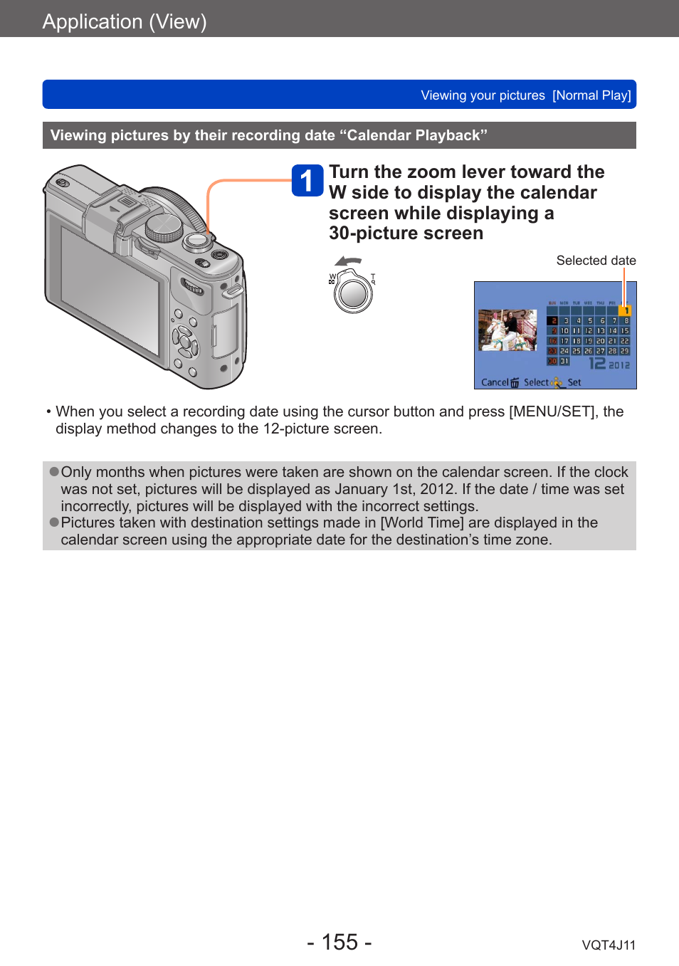 Viewing pictures by their recording date, Calendar playback, Application (view) | Panasonic DMC-LX7K User Manual | Page 155 / 226