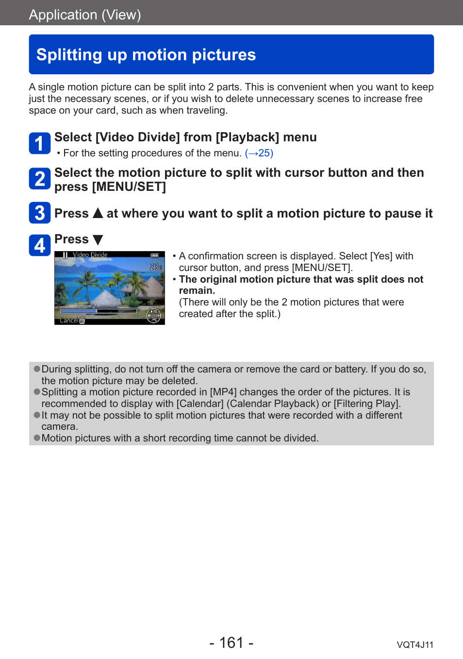 Splitting up motion pictures, Application (view) | Panasonic DMC-LX7K User Manual | Page 161 / 226
