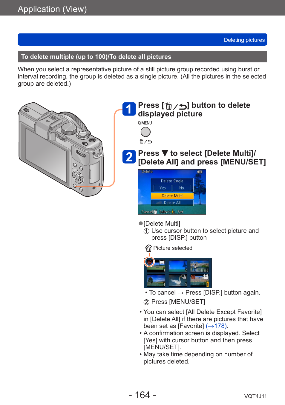 To delete multiple (up to 100), To delete all pictures, Application (view) | Panasonic DMC-LX7K User Manual | Page 164 / 226