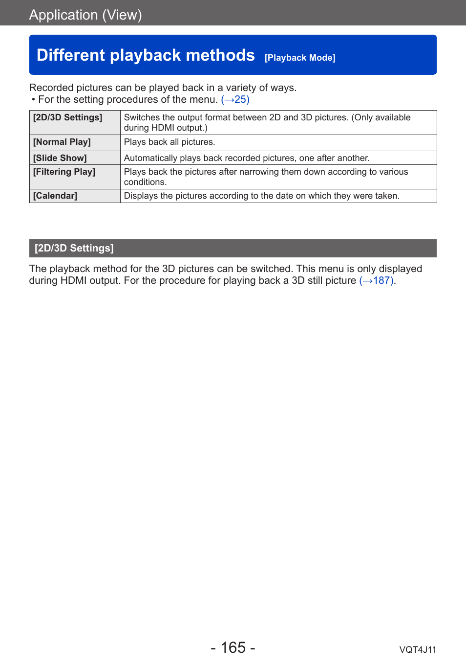 Different playback methods [playback mode, 2d/3d settings, Different playback methods | Playback mode, Application (view) | Panasonic DMC-LX7K User Manual | Page 165 / 226